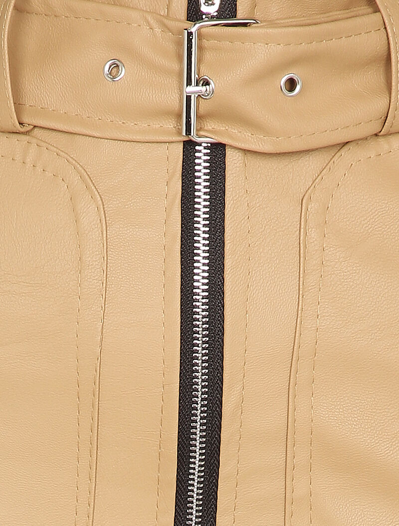 Mini jupe en simili à zip et grandes poches - Camel - 3