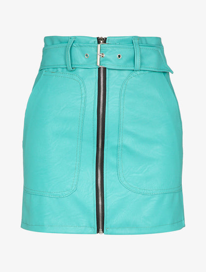 Mini jupe en simili à zip et grandes poches - Turquoise - 4
