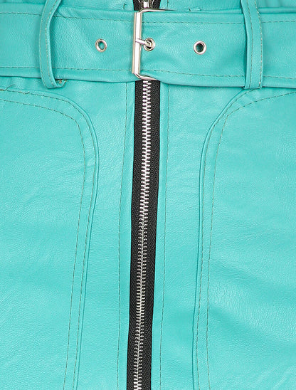 Mini jupe en simili à zip et grandes poches - Turquoise - 3