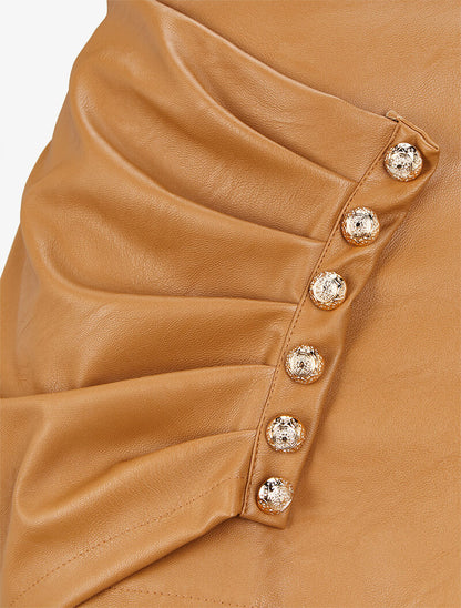 Mini-jupe drapée et boutonnée en simili - Beige - 3