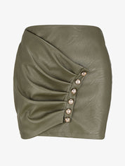 Mini-jupe drapée et boutonnée en simili - Kaki - 1