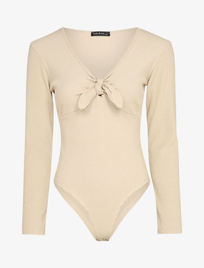 Body côtelé à col à détail noeud - Beige - 1