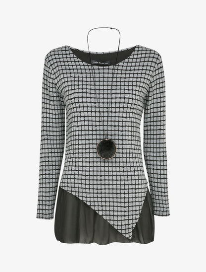 Pull à carreaux et bords asymétriques à détail voile - Gris clair - 1