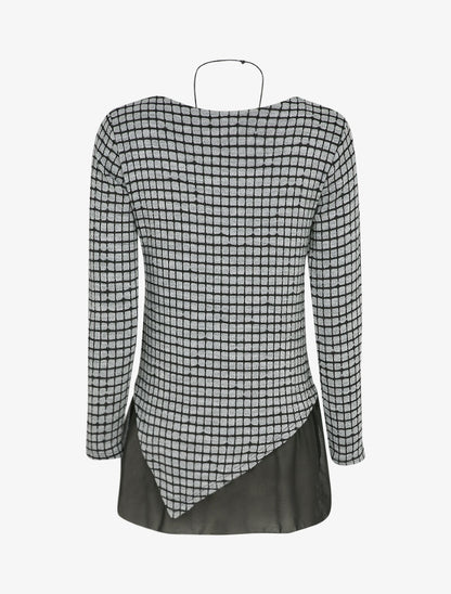 Pull à carreaux et bords asymétriques à détail voile - Gris clair - 2