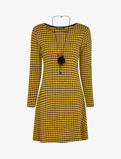 Robe pull évasée à carreaux et manches longues - Moutarde - 4