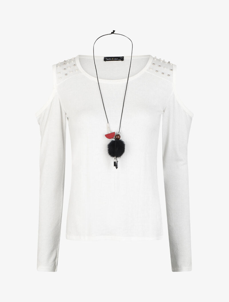 Pull fin à épaules dénudées ornées de perles - Blanc - 1