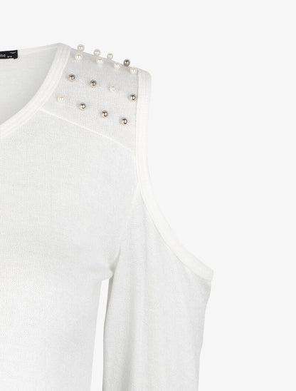 Pull fin à épaules dénudées ornées de perles - Blanc - 3