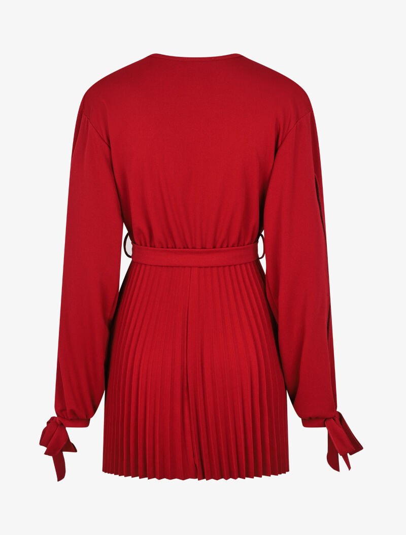 Robe plissée à col cache-coeur et poignets à nouer - Bordeaux - 2
