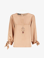 Blouse satinée à poignets à noeuds - Rose poudré - 1