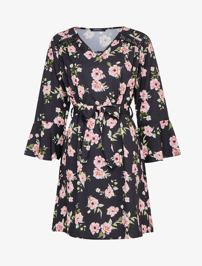 Robe imprimé roses à manches trompettes volantées - Noir - 1