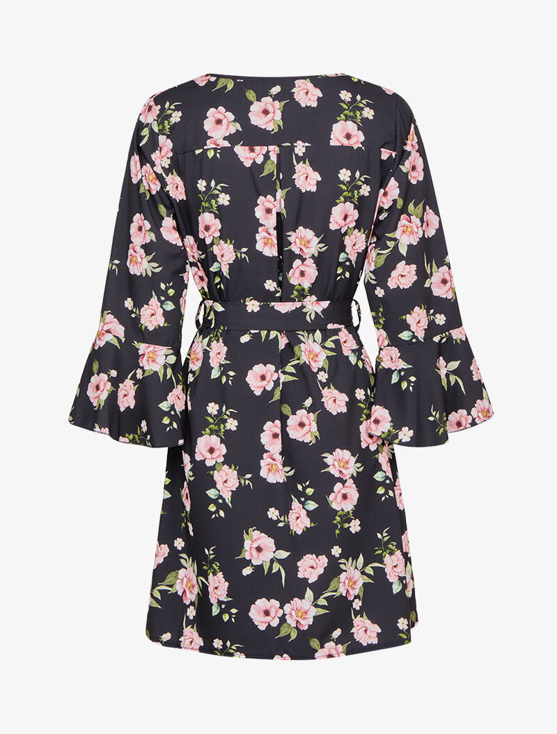 Robe imprimé roses à manches trompettes volantées - Noir - 2