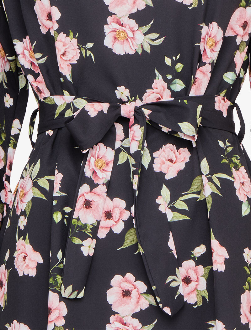 Robe imprimé roses à manches trompettes volantées - Noir - 3