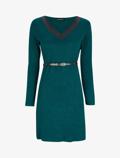 Robe pull à col V satiné - Vert sapin - 1