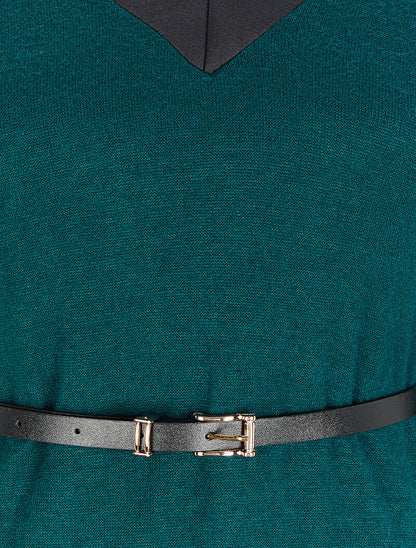 Robe pull à col V satiné - Vert sapin - 3