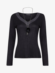 Pull doux à col V soyeux - Noir - 4