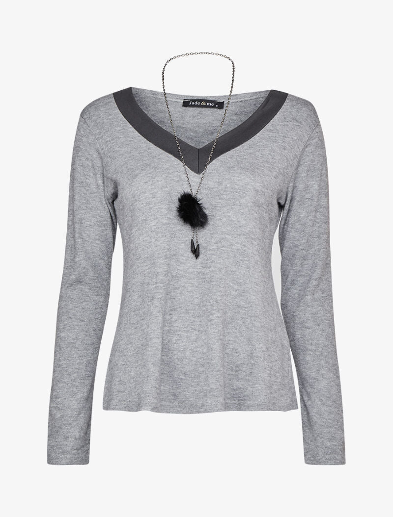 Pull doux à col V soyeux - Gris chiné - 4