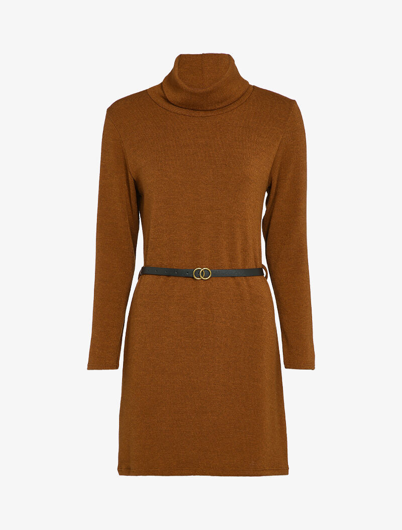 Robe pull à col roulé et ceinture - Marron - 3