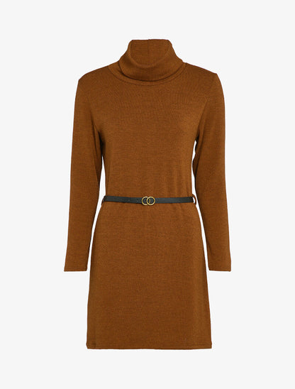 Robe pull à col roulé et ceinture - Marron - 3