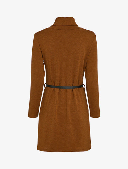 Robe pull à col roulé et ceinture - Marron - 2