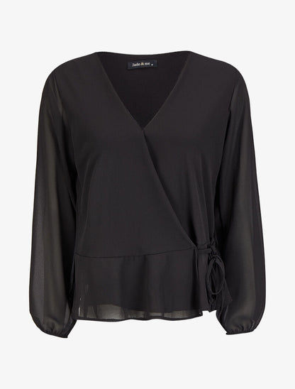 Blouse cache-coeur à bords volantés - Noir - 1