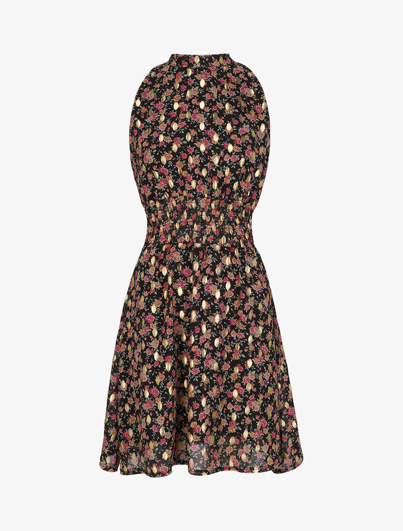 Robe mi-longue col lavallière à imprimé fleuri - Noir - 1