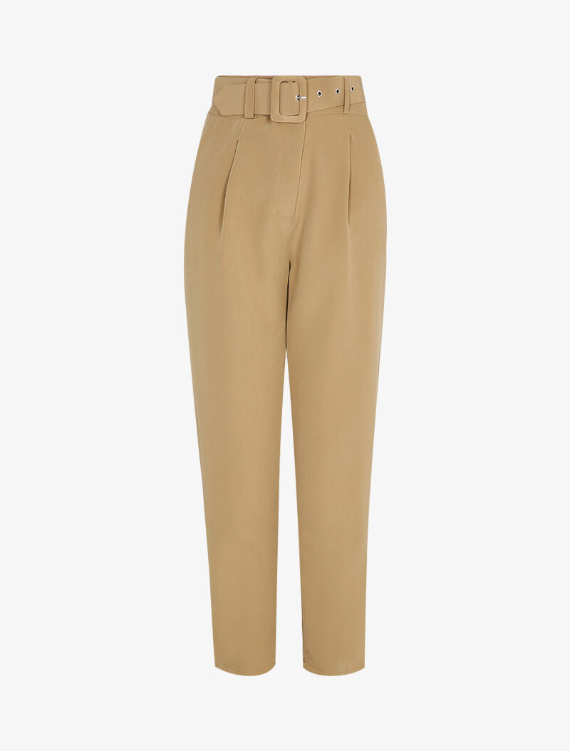 Pantalon carotte à ceinture à boucle carrée - Beige - 1