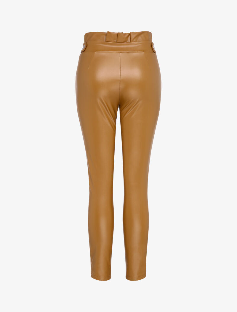 Pantalon en simili à taille froncée - Camel - 2