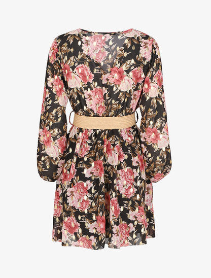 Robe patineuse cache-cœur à imprimé roses - Noir - 2