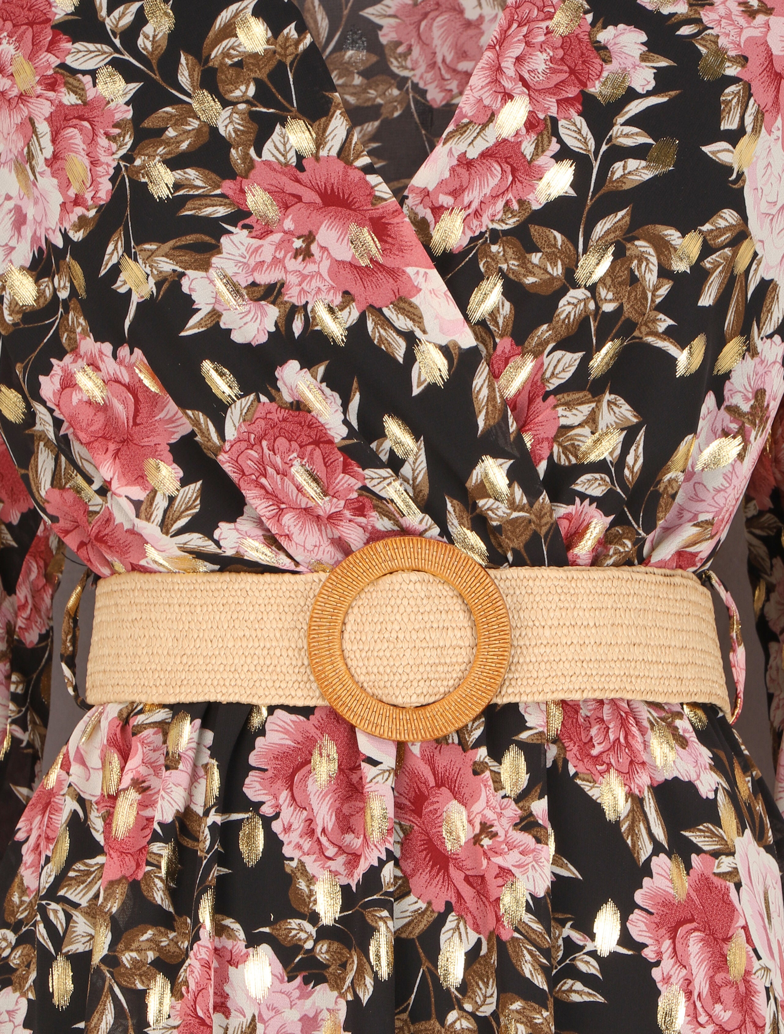 Robe patineuse cache-cœur à imprimé roses - Noir - 3
