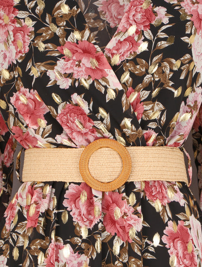 Robe patineuse cache-cœur à imprimé roses - Noir - 3