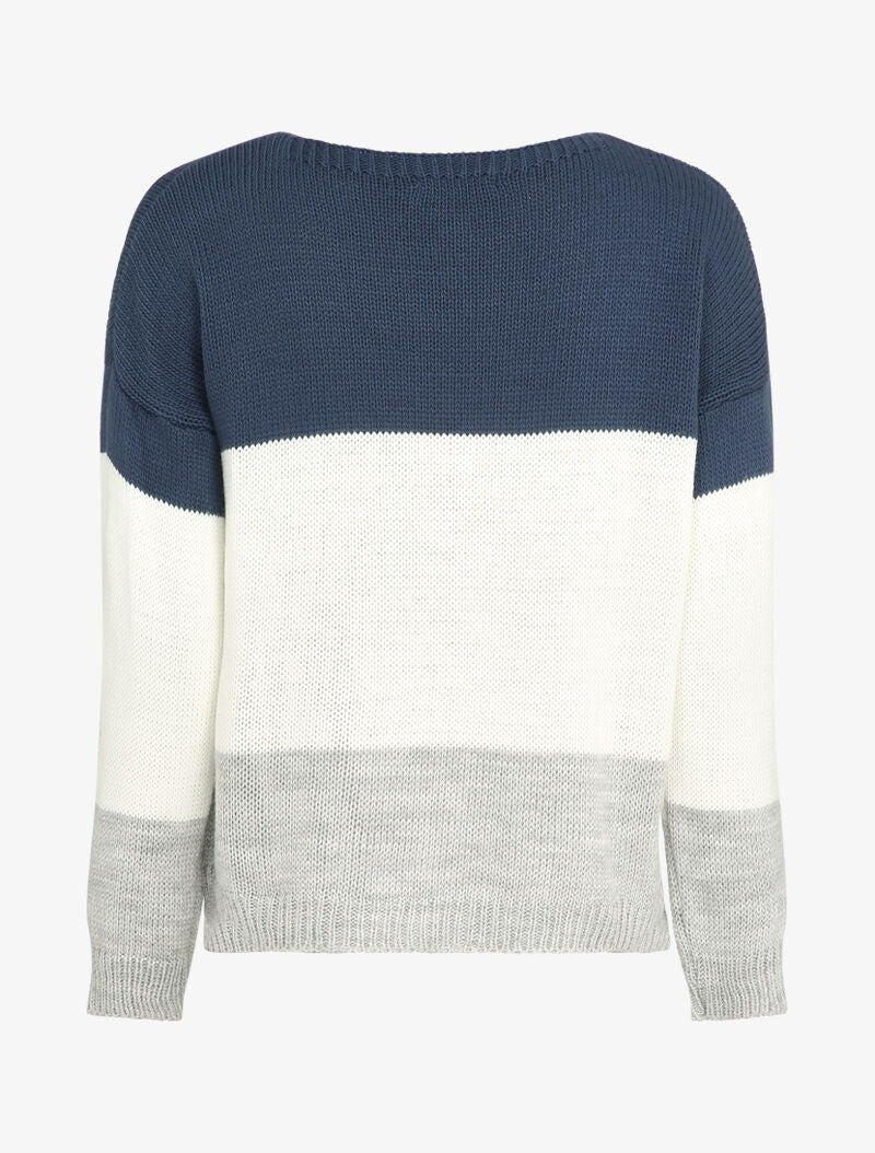 Pull tricolore basique à col bateau - Bleu/blanc/gris - 2