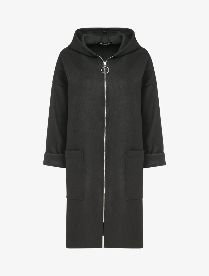 Manteau mi-long à capuche et manches à revers - Noir - 1