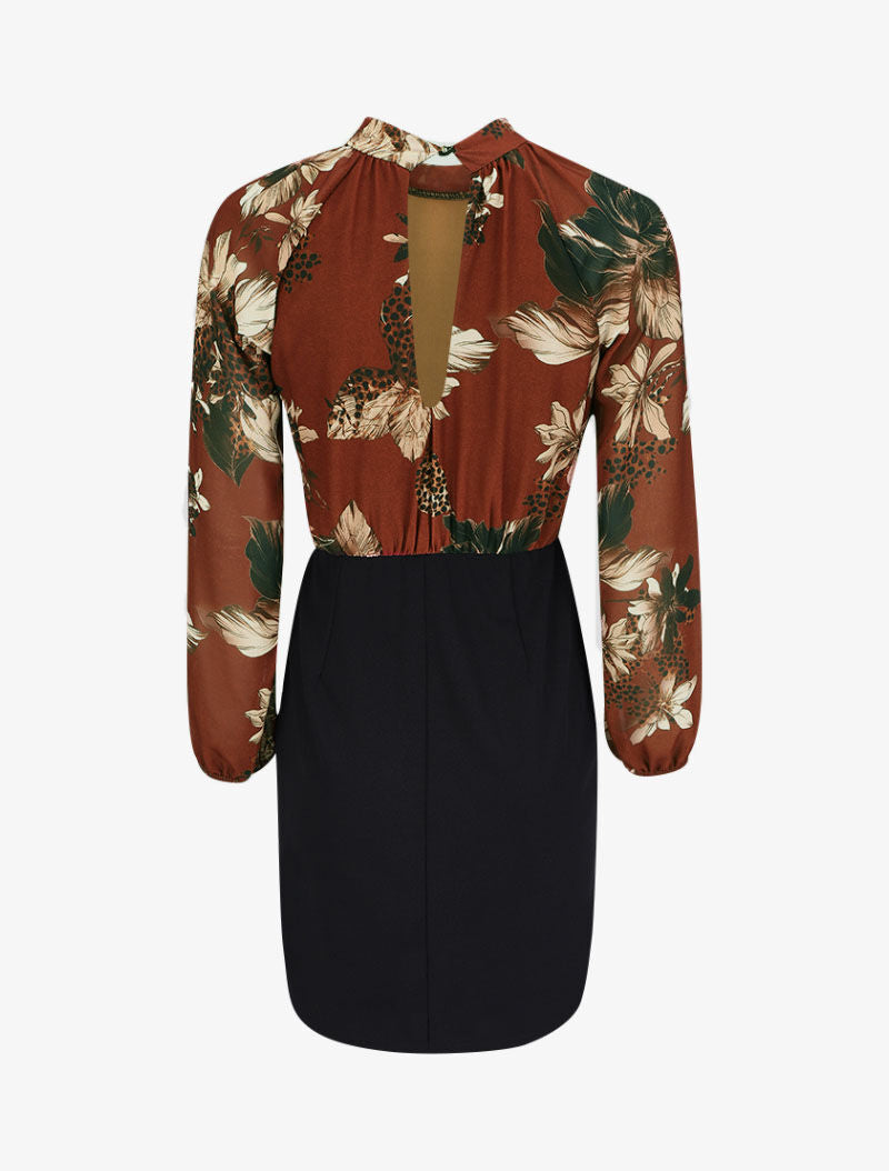 Robe fourreau à buste à imprimés et manches raglan - Marron - 2