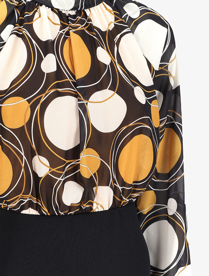 Robe fourreau à buste imprimé cercles stylisés et manches raglan - Moutarde - 3