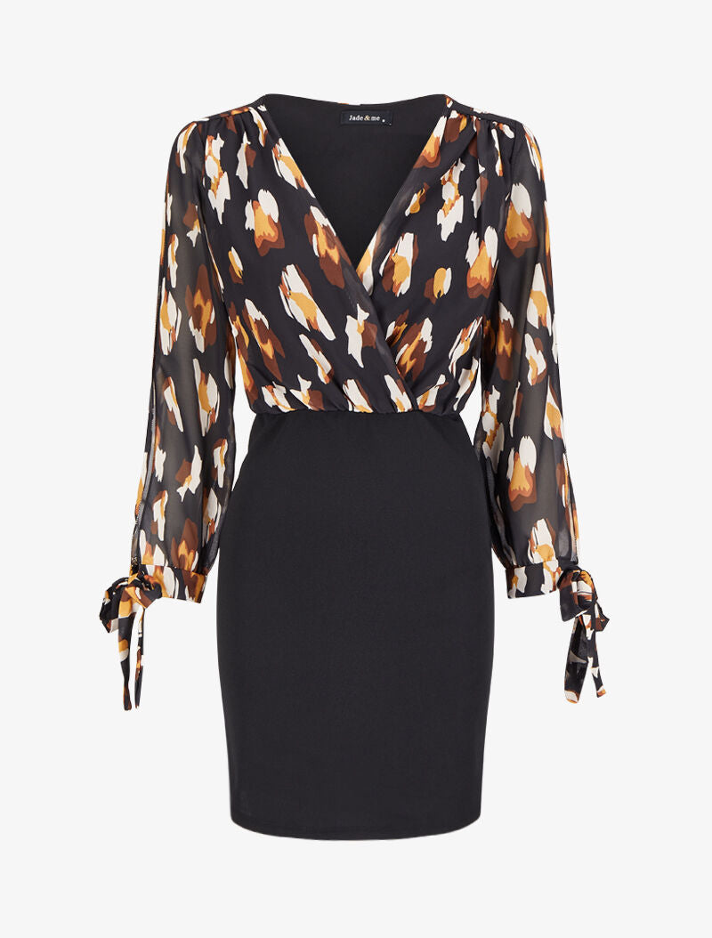 Robe fourreau à buste effet boule imprimé léopard stylisé - Noir - 4