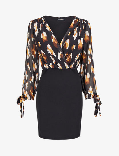 Robe fourreau à buste effet boule imprimé léopard stylisé - Noir - 4