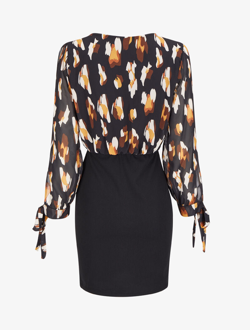 Robe fourreau à buste effet boule imprimé léopard stylisé - Noir - 2