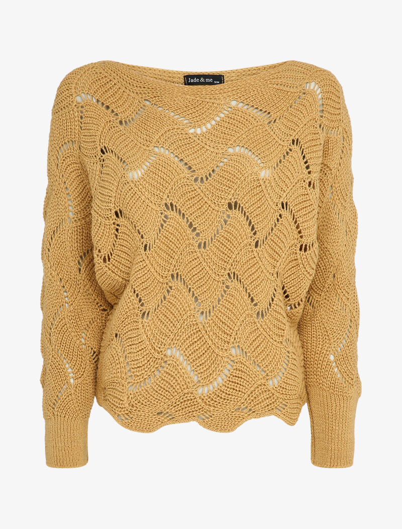 Pull en maille effet carreaux stylisés et col bateau - Camel - 1