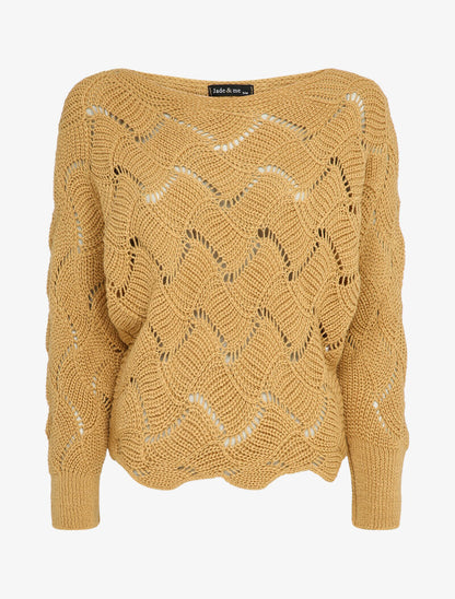 Pull en maille effet carreaux stylisés et col bateau - Camel - 1