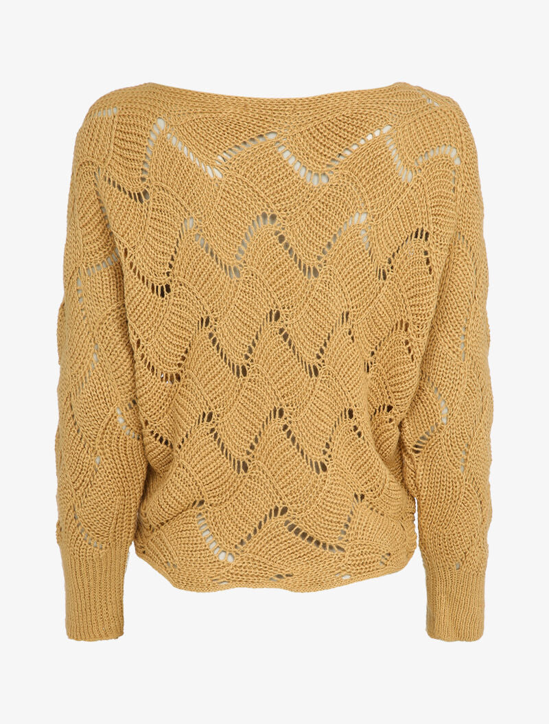 Pull en maille effet carreaux stylisés et col bateau - Camel - 2