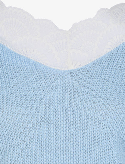 Pull en maille à empiècement dentelle - Bleu ciel - 3