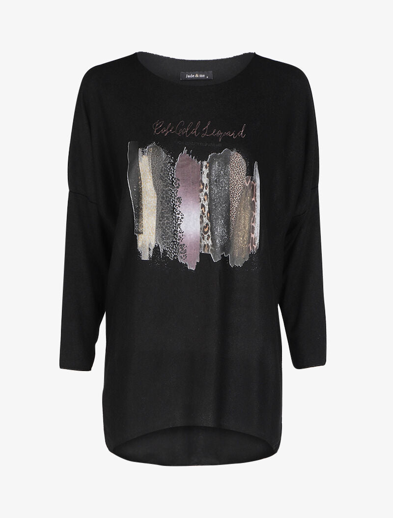 Pull fin loose à motif à inscriptions et motifs animaux - Noir - 1