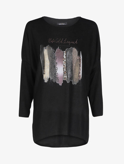 Pull fin loose à motif à inscriptions et motifs animaux - Noir - 1