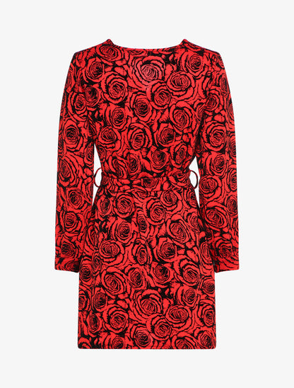 Robe droite imprimé roses en velours dévoré - Rouge - 2