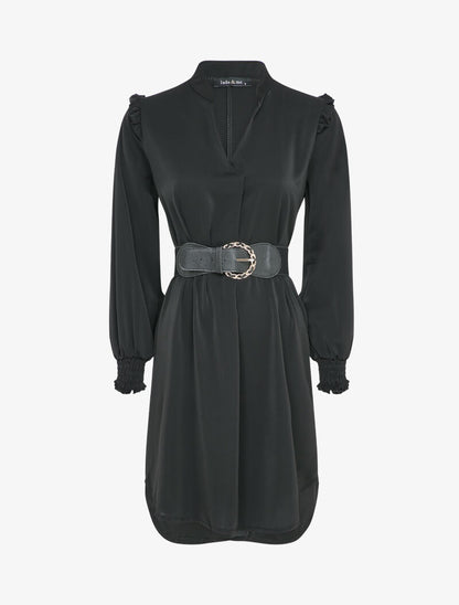 Robe satinée à épaules volantées et manches bouffantes - Noir - 3