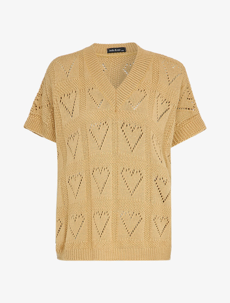 Pull en maille ajourée à motif coeurs - Camel - 1