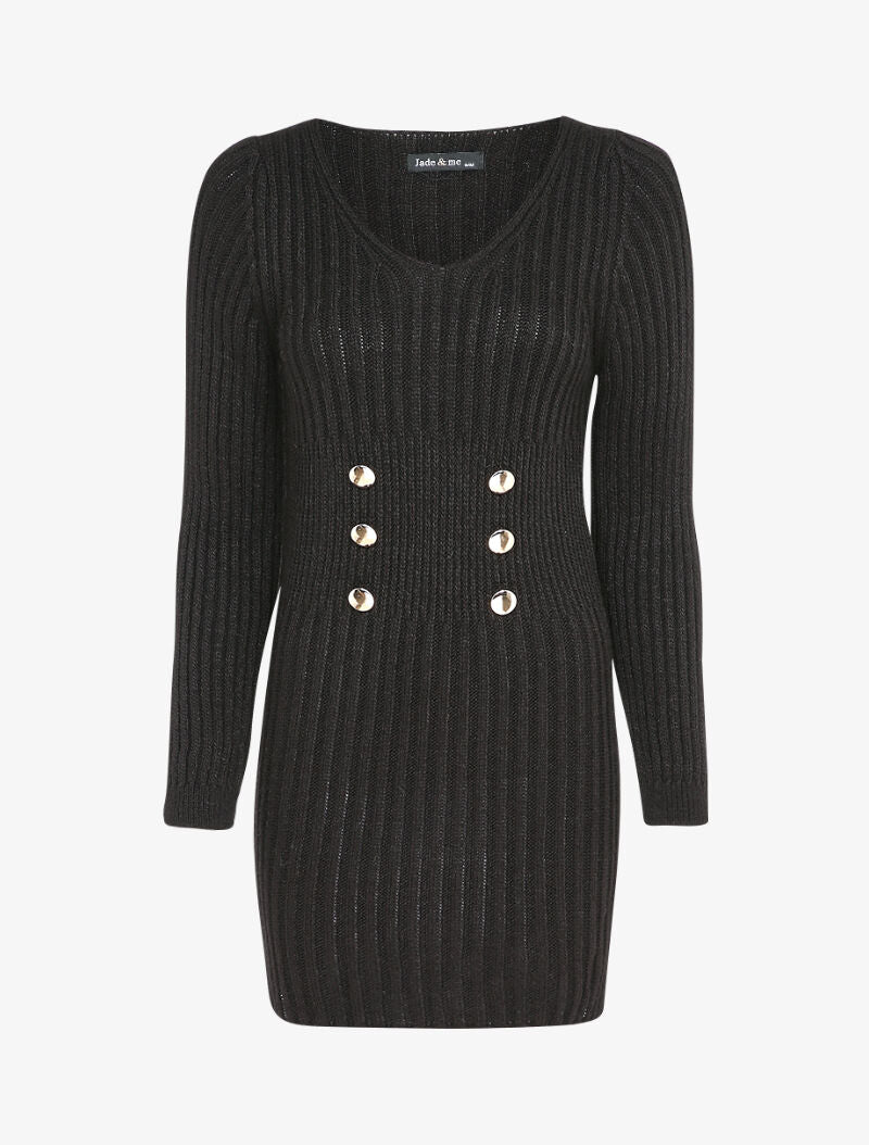 Pull long à boutons dorés stylisés - Noir - 1