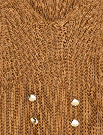 Pull long à boutons dorés stylisés - Camel - 3