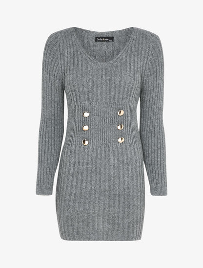 Pull long à boutons dorés stylisés - Gris foncé - 1