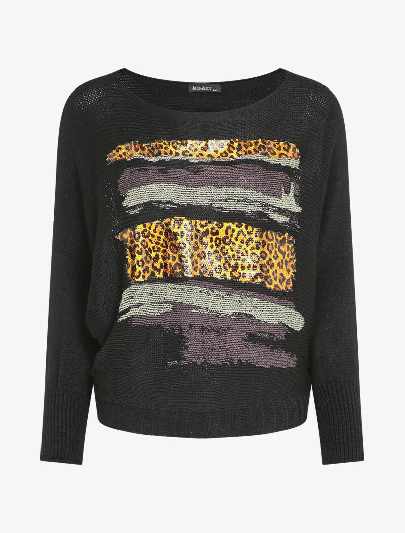 Pull à col bateau et motifs léopard lamés - Noir - 1